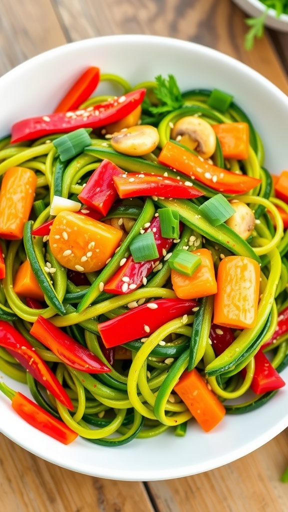 Savory Zucchini Noodle Stir-Fry for Dinner A vibrant zucchini noodle stir-fry with bell peppers, carrots, and mushrooms, garnished with sesame seeds and green onions.